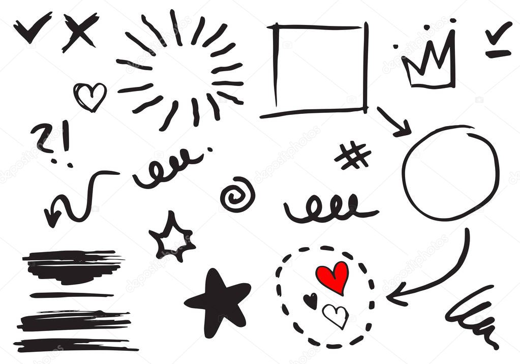Hand drawn set elements,Arrow, heart, love, star, leaf, sun, light,crown,emphasis ,swirl, for concept design.