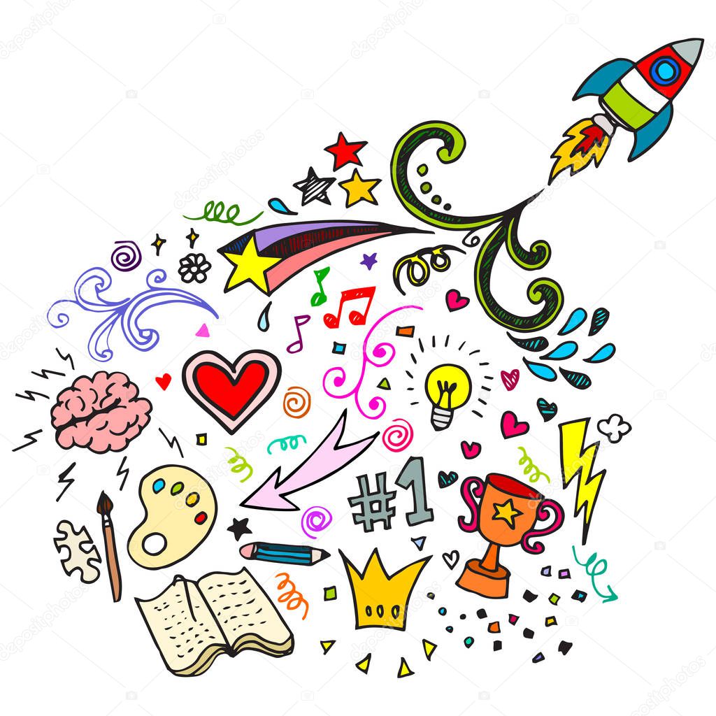 Hand drawn of creative doodle art sets on a paper background . vector illustration.