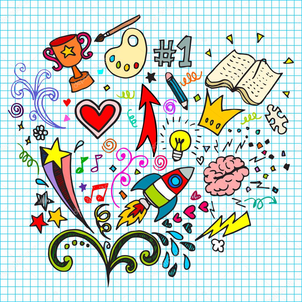 Hand drawn of creative doodle art sets on a paper background . vector illustration.