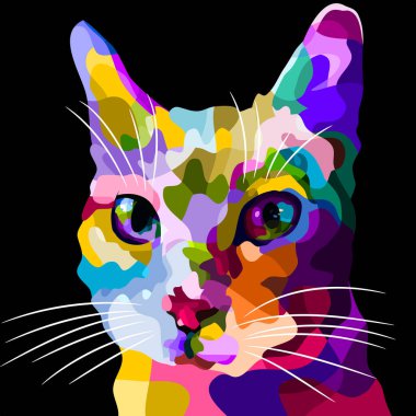 Pop sanat tarzında renkli kedi yüzünün bir gösterimi.