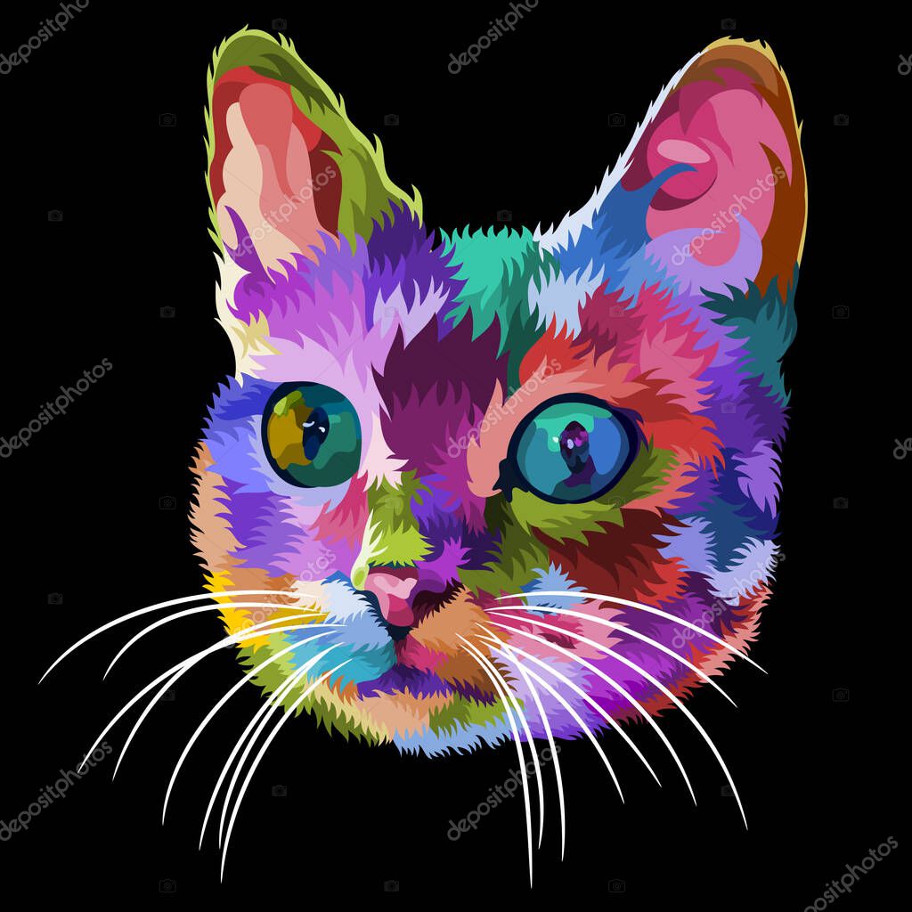 Colorful cat head icon on pop art style