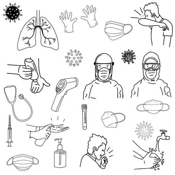 Σετ Coronavirus 2019 Ncov Εικονογράφηση Διάνυσμα Σκίτσο Doodle Χέρι Που — Διανυσματικό Αρχείο