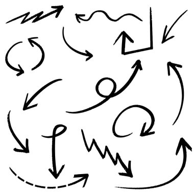 Elle çizilmiş oklar. Vektör karalama tasarım elementleri. İş bilgileri, afişler, web ve konsept için beyaz arkaplan üzerine resim