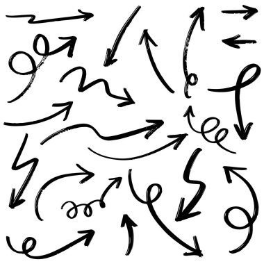 Elle çizilmiş oklar. Vektör karalama tasarım elementleri. İş bilgileri, afişler, web ve konsept için beyaz arkaplan üzerine resim