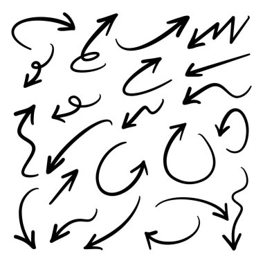 İş ögesi veya dekoratif tasarım için beyaz arkaplan üzerinde karalama biçimi izole el çizilmiş ok vektörü.