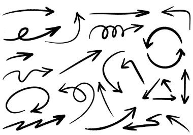 El çizilmiş vektör okları beyaz arkaplan üzerine karalama yapar..