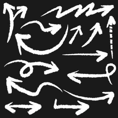 El çizilmiş vektör okları kümesi siyah arkaplan üzerine karalama yapar..