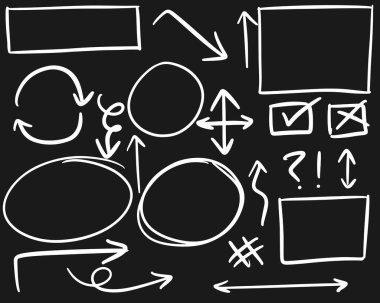 Karalama tasarım elemanı. Çizgiler, oklar, daireler ve eğriler vektör. Infographic için el çizimi tasarım elementleri siyah arkaplan üzerinde izole.