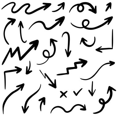 El çizilmiş vektör okları beyaz arkaplan üzerine karalama yapar..