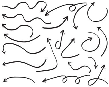 El çizilmiş vektör okları beyaz arkaplan üzerine karalama yapar..