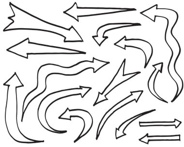 El çizilmiş vektör okları beyaz arkaplan üzerine karalama yapar..