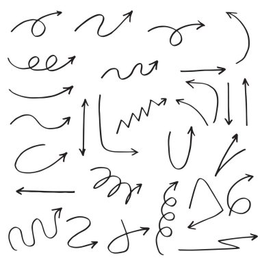 El çizilmiş vektör okları beyaz arkaplan üzerine karalama yapar..