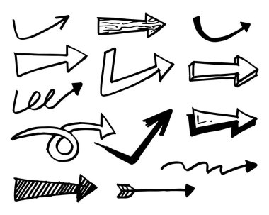 El çizilmiş vektör okları beyaz arkaplan üzerine karalama yapar..