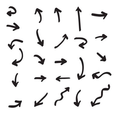 El çizilmiş vektör okları beyaz arkaplan üzerine karalama yapar..
