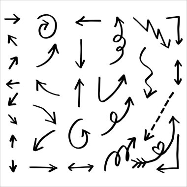 El çizilmiş vektör okları beyaz arkaplan üzerine karalama yapar..
