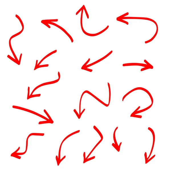 Conjunto Líneas Flecha Roja Dibujadas Mano Aislado Sobre Fondo Blanco — Vector de stock