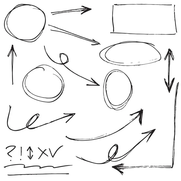 Doodle Gestaltungselement Gekritzelte Linien Pfeile Häkchen Kreise Und Kurven Vektor — Stockvektor