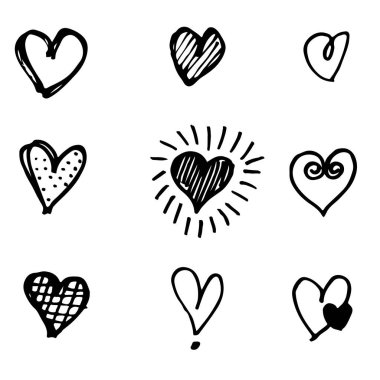 El yapımı kalp seti. Karalama kalpler beyaz arka planda izole. Grafik tasarımı için vektör illüstrasyonu.
