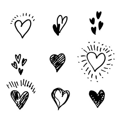 El yapımı kalp seti. Karalama kalpler beyaz arka planda izole. Grafik tasarımı için vektör illüstrasyonu.