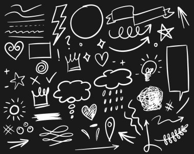 El yapımı tasarım elementleri. Ok, kalp, aşk, konuşma balonu, yıldız, yaprak, güneş, ışık, işaretler, taç, kral, kraliçe, salıncak, salıncak, vurgu, girdap, kalp, siyah arkaplan.