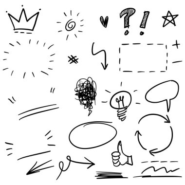 El yapımı tasarım elementleri. Ok, kalp, aşk, konuşma balonu, yıldız, yaprak, güneş, ışık, işaretler, taç, kral, kraliçe, salıncak, salıncak, vurgu, girdap, kalp, beyaz arkaplan.