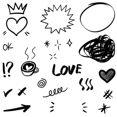 El çizimi elementler, konsept tasarım için. Karalama özeti beyaz arkaplana izole edildi. vektör illüstrasyonu.