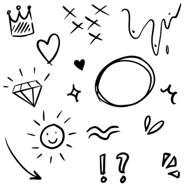 El çizimi elementler, beyaz arka planda siyah. Ok, kalp, aşk, yıldız, yaprak, güneş, ışık, çiçek, papatya, taç, kral, kraliçe, Swishes, swoops, vurgu, girdap, kalp, konsept tasarımı için.