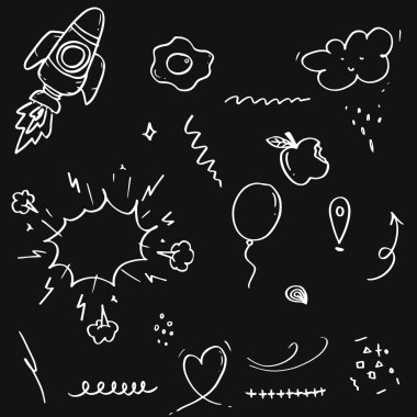 Doodle elementleri ayarladı, arka planda beyaz. Ok, kalp, aşk, yıldız, yaprak, güneş, ışık, Swishes, swoops, vurgu, girdap, elma, GPS, bulutlar, balonlar, konuşma balonları, konsept tasarımı için.