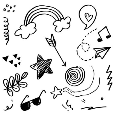 Doodle elementleri ayarladı, beyaz arka planda siyah. Ok, kalp, aşk, yıldız, yaprak, kağıt uçaklar, gözlükler, müzik notaları, konsept tasarımı için.