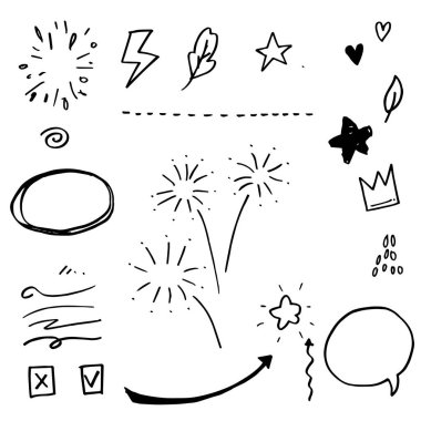 El çizimi elementler, beyaz arka planda siyah. Ok, kalp, aşk, konuşma balonu, yıldız, yaprak, güneş, ışık, işaretler, taç, kral, kraliçe, salıncak, salıncak, vurgu, girdap, kalp, konsept için