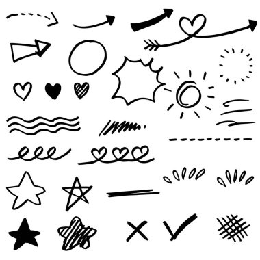 El çizimi elementler, beyaz arka planda siyah. Ok, kalp, aşk, konuşma balonu, yıldız, yaprak, güneş, ışık, işaretler, taç, kral, kraliçe, salıncak, salıncak, vurgu, girdap, kalp, konsept için