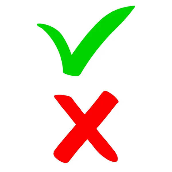 Yeşil işaretli el yazısı ve beyaz arka planda izole edilmiş Kızıl haç. Doğru ve yanlış ikonu. Vektör illüstrasyonu.