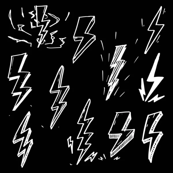 Set Hand Drawn Vector Doodle Electric Lightning Bolt Symbol Sketch — Stock Vector