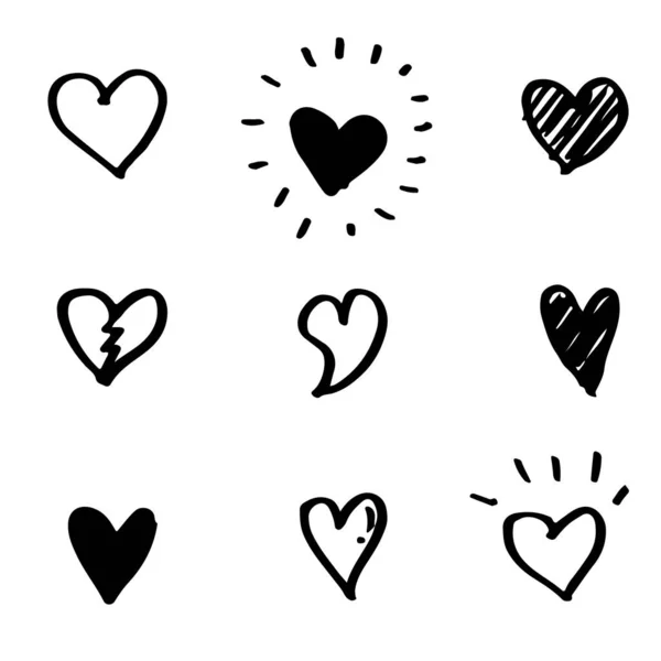 Set Hand Drawn Heart Doodle Hearts Isolated White Background Vector — Stock Vector