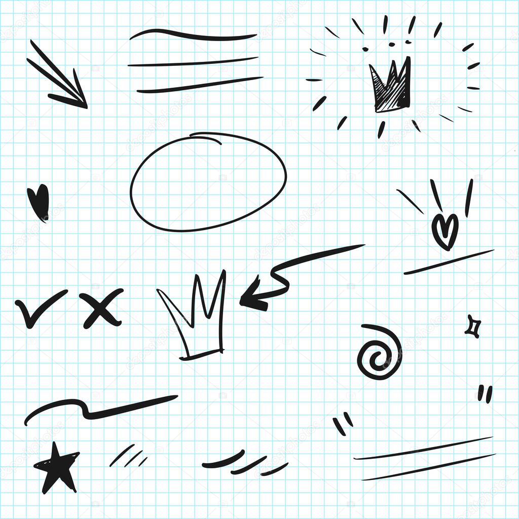 Hand drawn set elements. Arrow, heart, love, speech bubble, star, leaf, sun, light, check marks ,crown, king, queen, swishes, swoops, emphasis ,swirl, heart, for concept design.