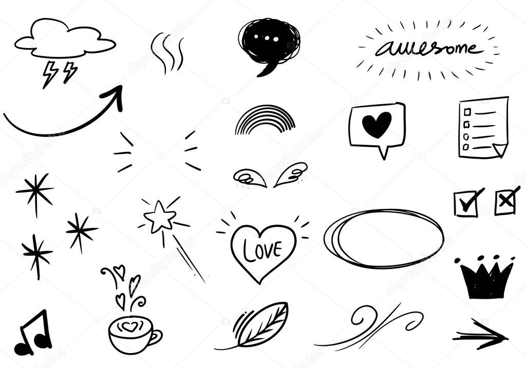 Hand drawn set elements, for concept design. doodle abstract isolated on white background . vector illustration.