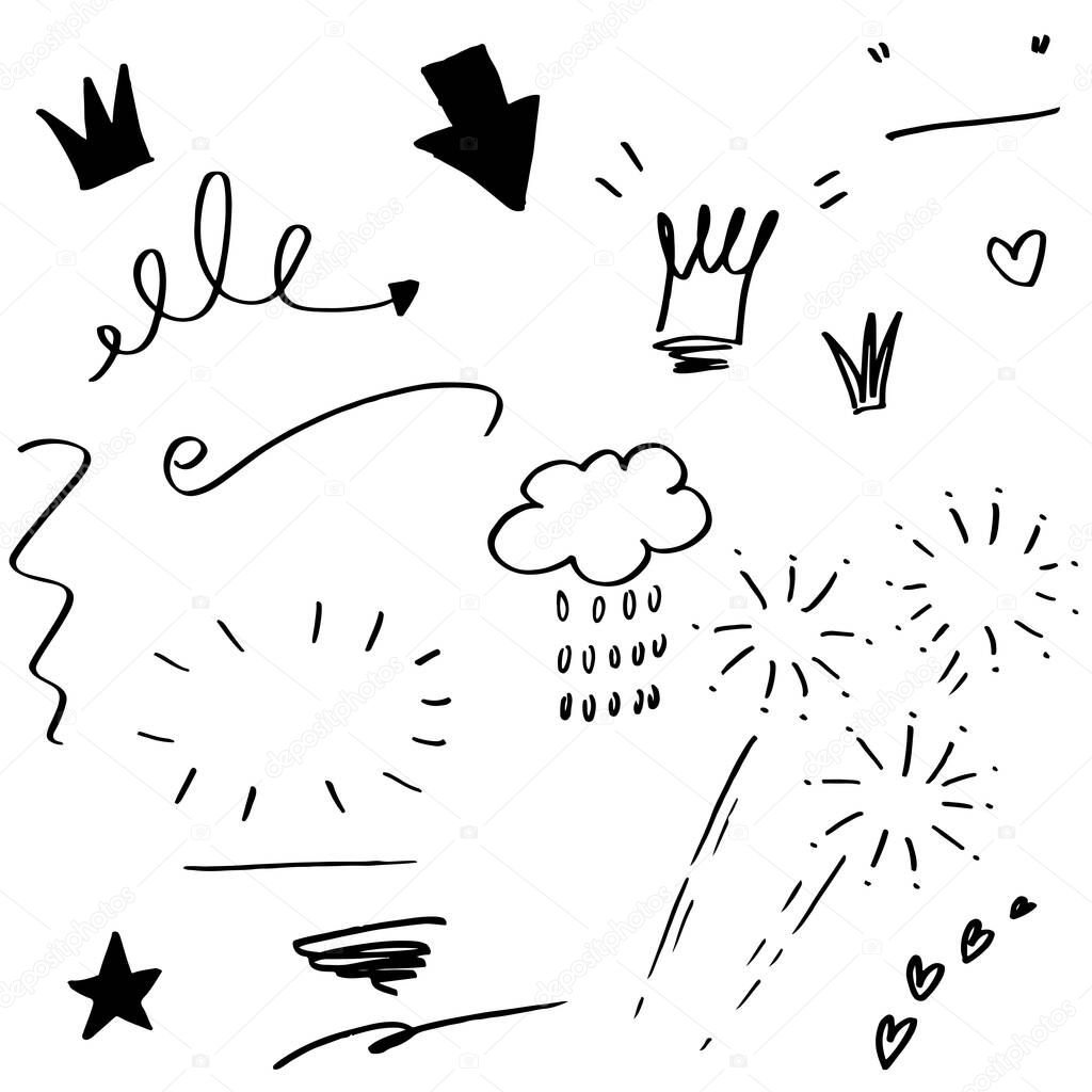 Hand drawn set elements, black on white background. Arrow, heart, love, star, leaf, sun, light, fireworks, for concept design.