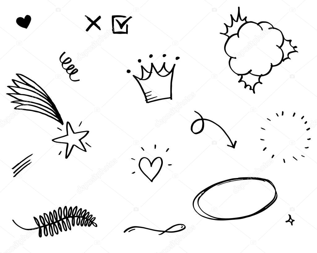 Hand drawn set elements, Arrow, heart, love, star, leaf, sun, light, crown, king, queen, swirl, Swishes, swoops, emphasis, Check mark, for concept design.