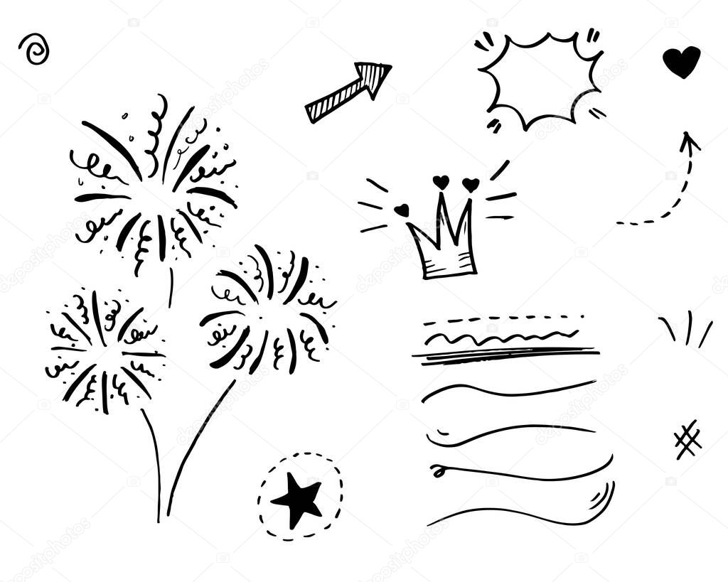 Hand drawn set elements, Arrow, heart, love, star, leaf, sun, light, crown, king, queen, swirl, Swishes, swoops, emphasis,for concept design.