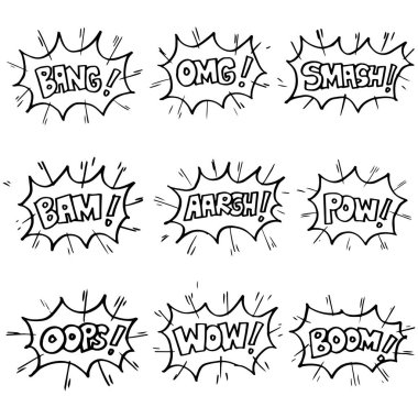 Duygu ve metinle çizilmiş komik konuşma baloncukları. Vektör karalama çizgi film çizimleri posterler, afişler, web ve konsept tasarım için izole edilmiş.