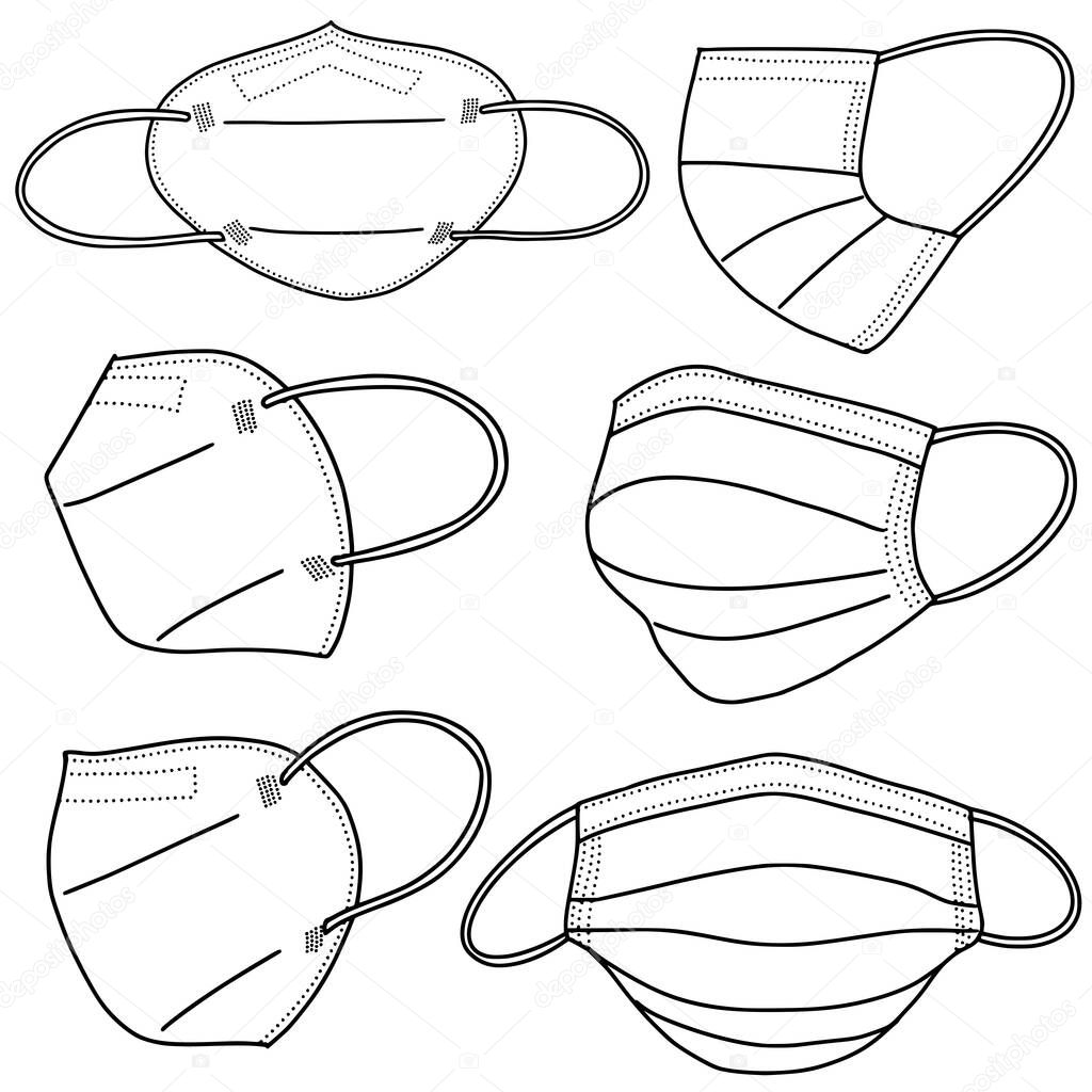 set of Hand Drawn Medical mask isolated on white background, Corona protection .vector illustration.