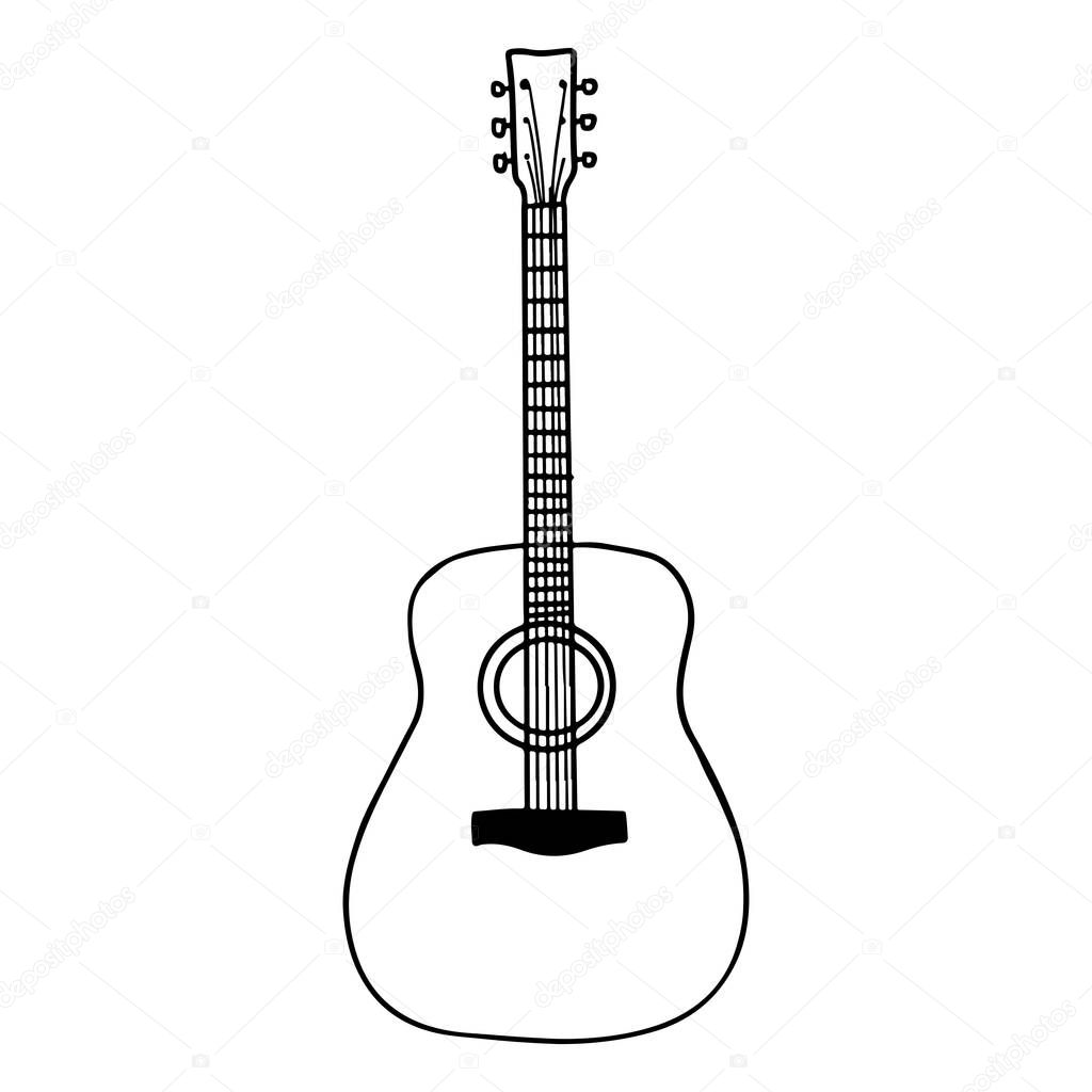 Hand Drawn guitar doodle icon isolated on white background. vector illustration.