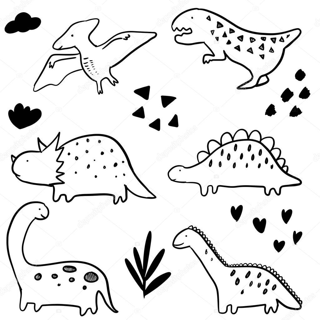 set of Hand drawn vector doodle dinosaur illustration. cartoon dinosaur isolated on white background for coloring page, poster design , t shirt print, and sticker.