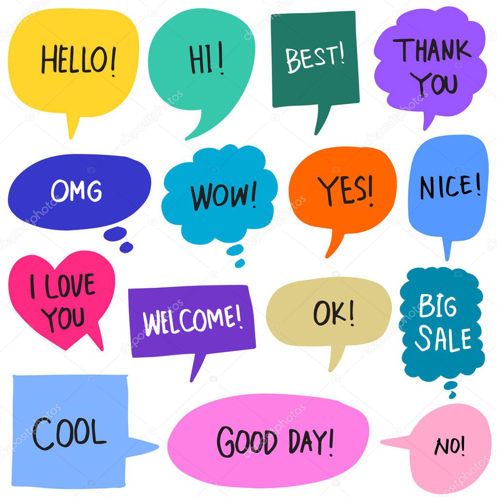 Hand drawn set of colorful speech bubbles with handwritten short phrases hello, hi, best, thank you, omg, wow, yes, nice, love, welcome, ok, cool, no.
