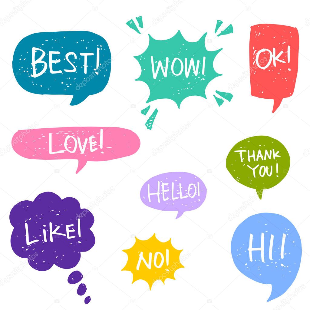 Hand drawn set of speech bubbles with dialog words.