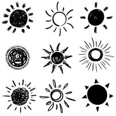 Bir dizi tasarım elementi komik karalama güneşi. vektör illüstrasyonu.