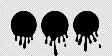 Boya damlıyor. Güncel boya, lekeler. Şimdiki mürekkepler. Damlayan sıvı. Şeffaf arkaplanda izole edilmiş. Vektör illüstrasyonu.