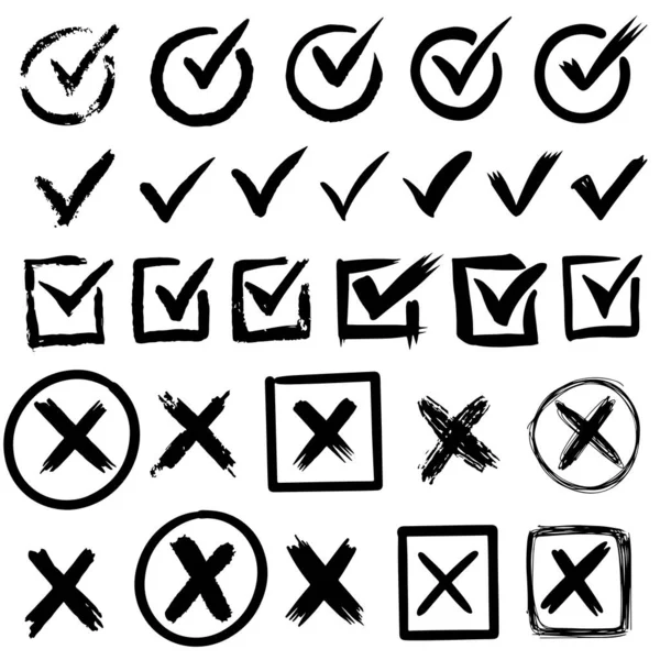 Beyaz arkaplanda el çizimi (V) işaretleri izole edildi. Vektör kontrol listesi simgesi belirlendi. taslak kontrol işaretleri.