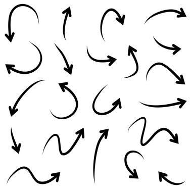 Elle çizilmiş oklar. Vektör karalama tasarım elementleri. İş bilgileri, afişler, web ve konsept tasarımı için beyaz arkaplan üzerine resim..