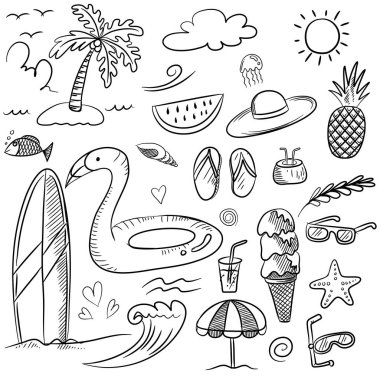 Yaz koleksiyonu. Doodle yaz ikonu, flamingo, dondurma, palmiye ağacı, güneş gözlüğü, sörf tahtası, ananas ve karpuz illüstrasyonu. .